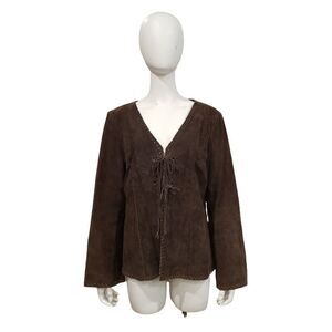 Faded Glory Brown South Western Boho Leather Jacket Front Tassle Closure